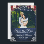 Rustic Burgundy Floral Blue Wood Lights Photo Save The Date<br><div class="desc">Rustic Blue Wood String Lights Watercolor Burgundy Marsala Floral,  burgundy roses,  pink roses and greenery Lace Wedding Save The Date Card</div>