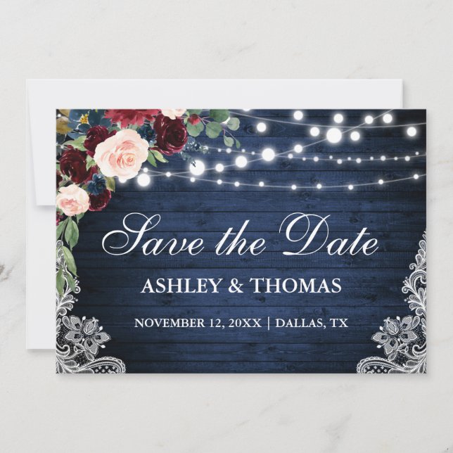 Rustic Burgundy Floral Blue Wood Save the Date (Front)