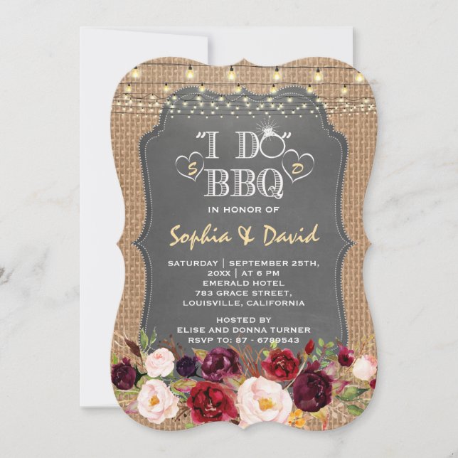 Rustic Burgundy Floral Chalk BurlapI DO BBQ Invitation (Front)
