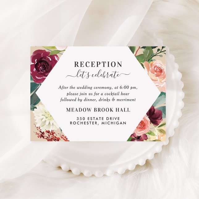 Rustic Burgundy Floral Diamond Wedding Reception Enclosure Card (Creator Uploaded)