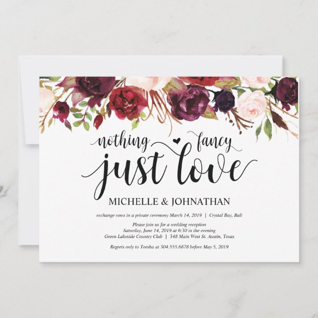 Rustic Burgundy Floral Elopement Reception Invites (Front)