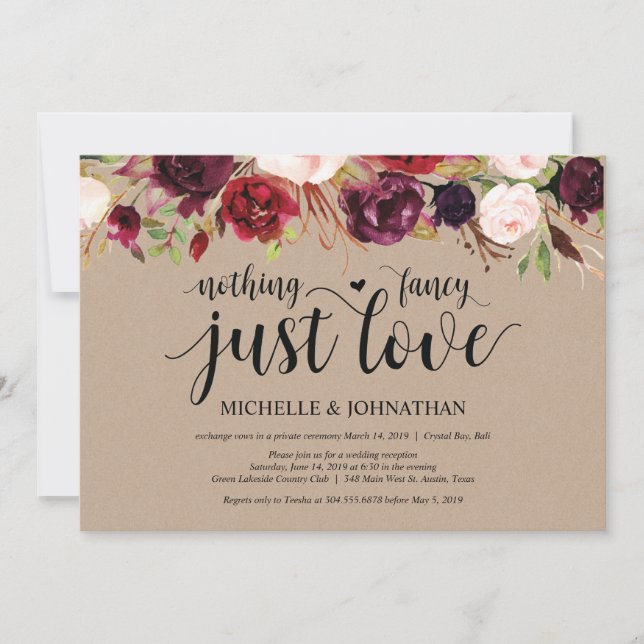 Rustic Burgundy Floral Elopement Reception Invites (Front)