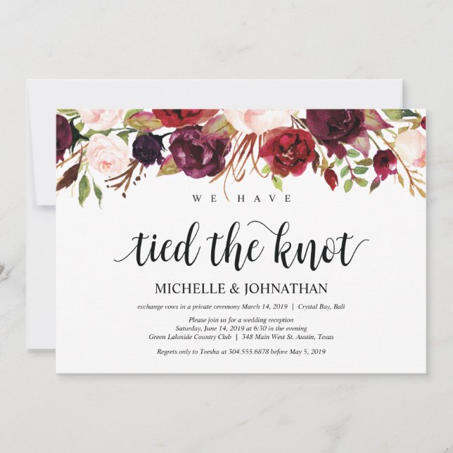 Rustic Burgundy Floral Elopement Reception Invites (Front)