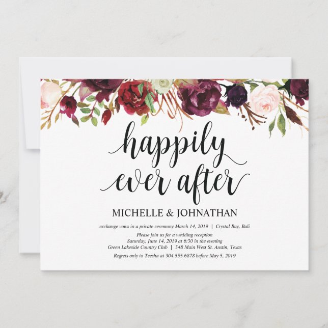 Rustic Burgundy Floral Elopement Reception Invites (Front)