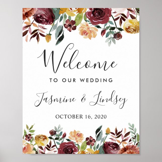 Rustic Burgundy Floral Fall Wedding Welcome Sign (Front)