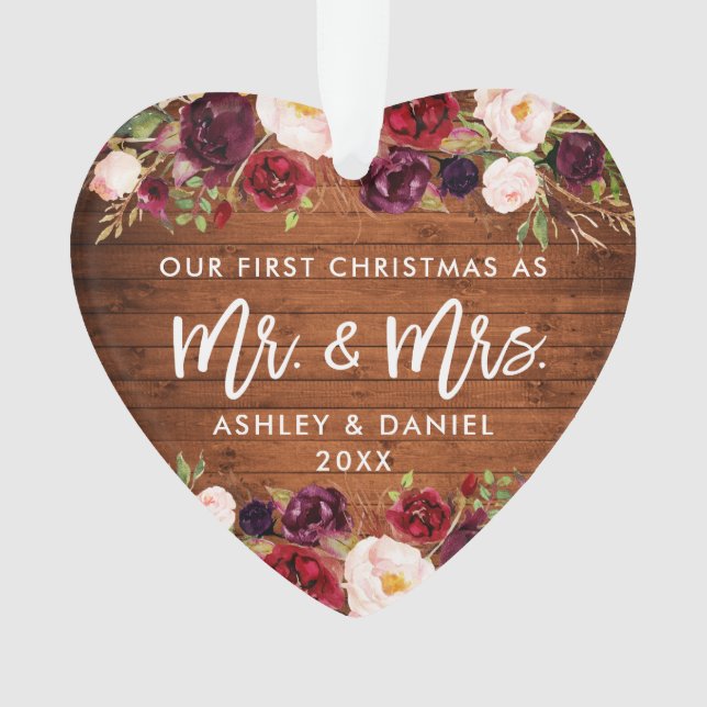Rustic Burgundy Floral First Christmas Wedding Ornament (Front)
