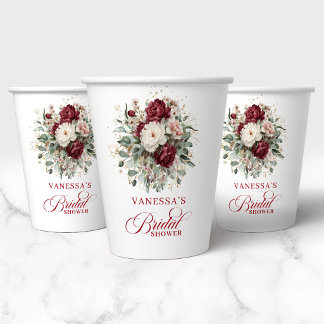 Rustic Burgundy Floral Gold Bridal Shower Paper   Cups