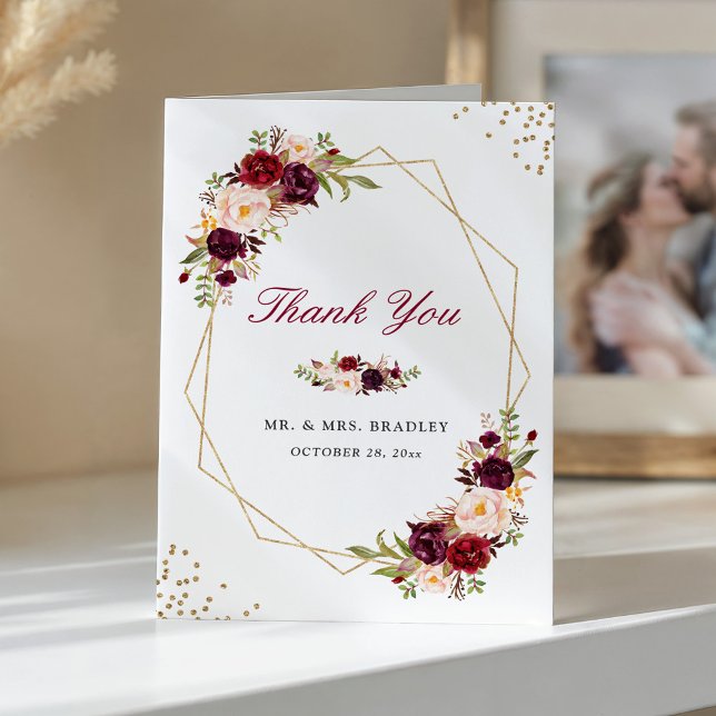 Rustic Burgundy Floral Gold Frame Thank You Card (Creator Uploaded)