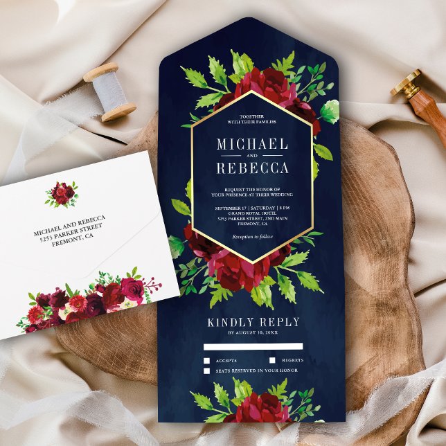 Rustic Burgundy Floral Gold Navy Blue Wedding All In One Invitation (Creator Uploaded)