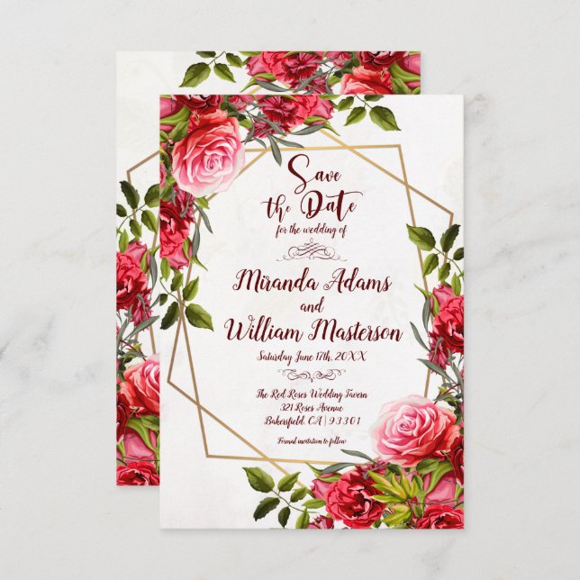 Rustic Burgundy Floral Gold Save the Date Wedding Invitation (Front/Back)
