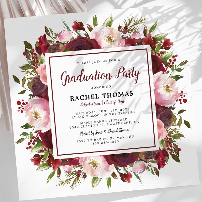 Rustic Burgundy Floral Graduation Party Invitation (Creator Uploaded)