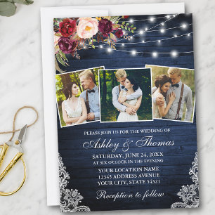 Rustic Burgundy Floral Lace Lights 3 Photo Wedding Invitation