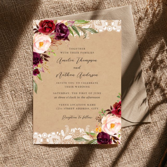 Rustic Burgundy Floral Lace Wedding Invitation (Creator Uploaded)