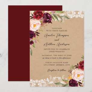 Rustic Burgundy Floral Lace Wedding Invitation