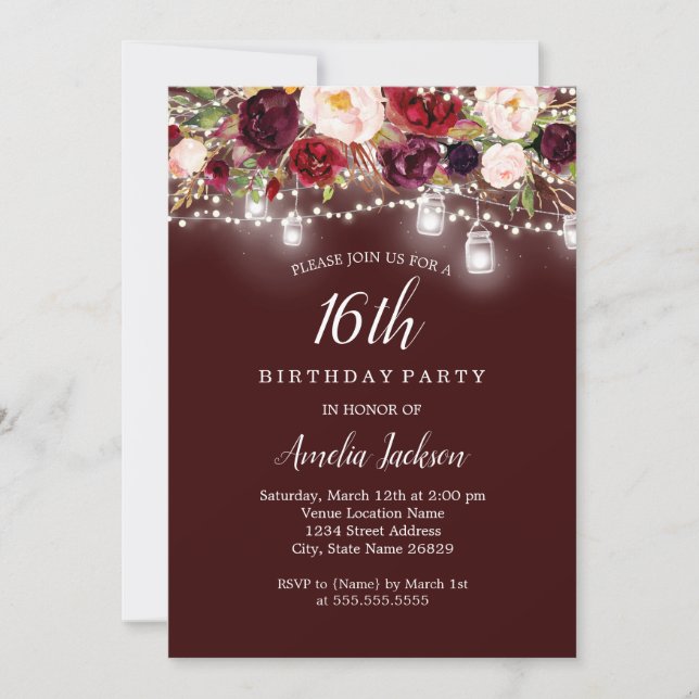 Rustic Burgundy Floral Lights 16th Birthday Invitation (Front)