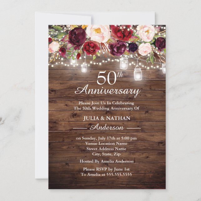 Rustic Burgundy Floral Lights 50th Anniversary Invitation (Front)