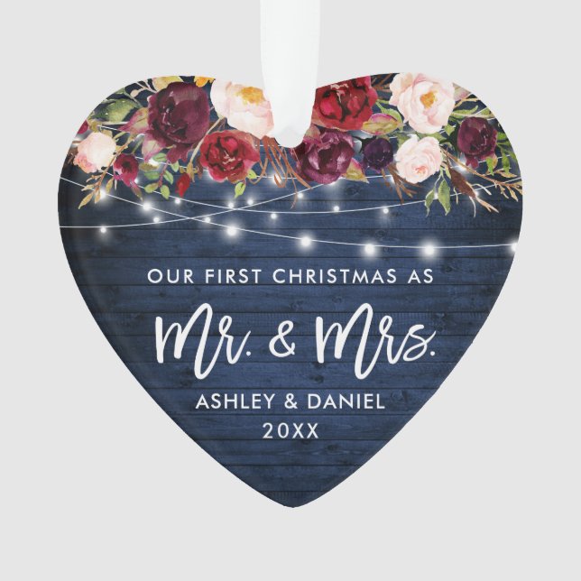 Rustic Burgundy Floral Lights Christmas Blue Ornament (Front)