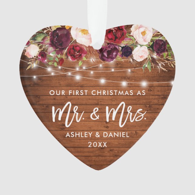 Rustic Burgundy Floral Lights First Christmas Ornament (Front)