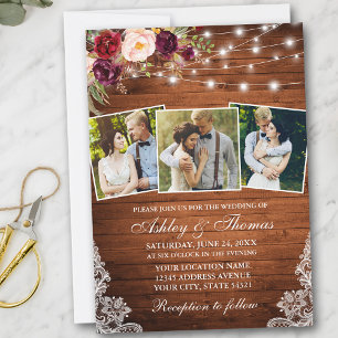 Rustic Burgundy Floral Lights Lace 3 Photo Wedding Invitation