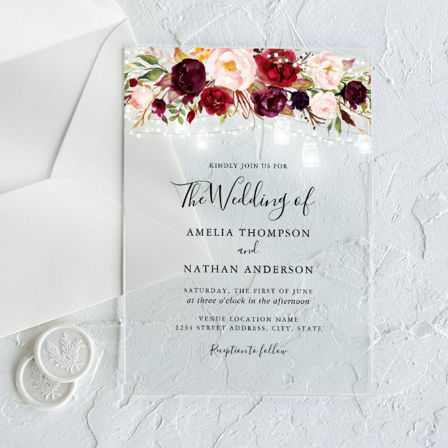 Rustic Burgundy Floral Lights Wedding Acrylic Invitations (Creator Uploaded)