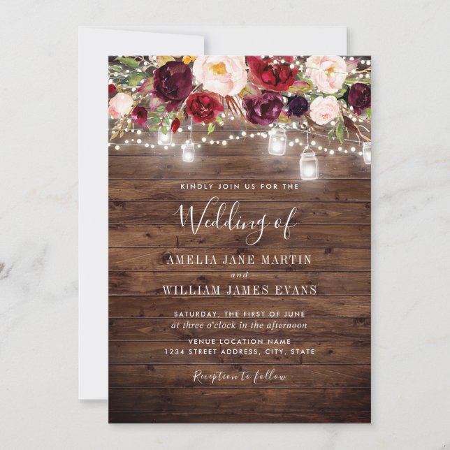 Rustic Burgundy Floral Lights Wedding Invitation (Front)