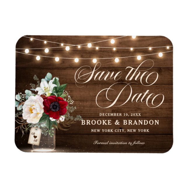 Rustic Burgundy Floral Mason Jar Save the Date Magnet (Horizontal)