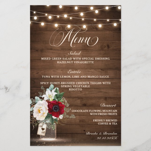 Rustic Burgundy Floral Mason Jar Wdding Menu (Front)