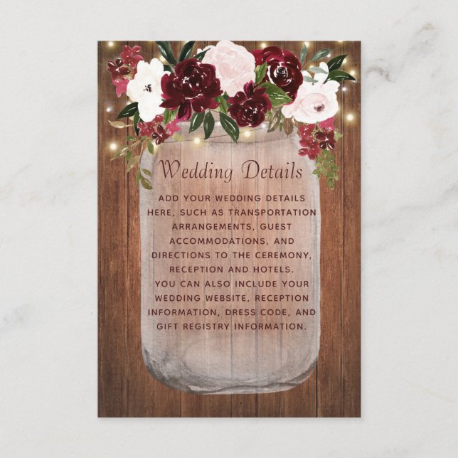 Rustic Burgundy Floral Mason Jar Wedding Details  Enclosure Card (Front)