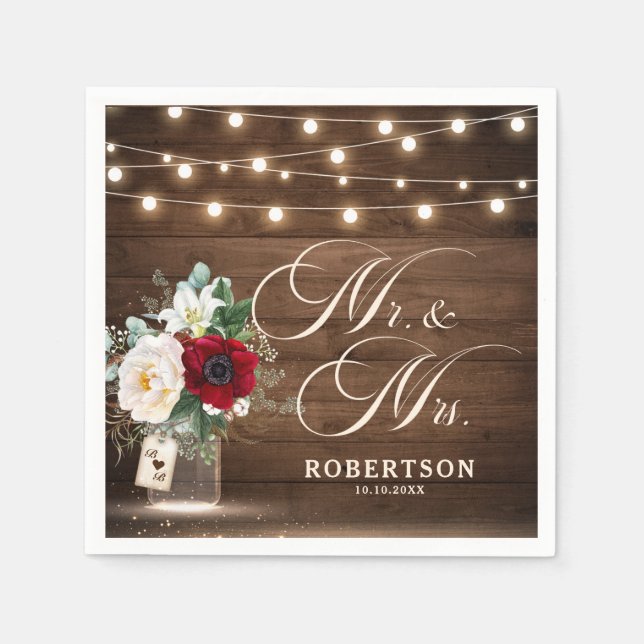 Rustic Burgundy Floral Mason Jar Wedding Napkin (Front)