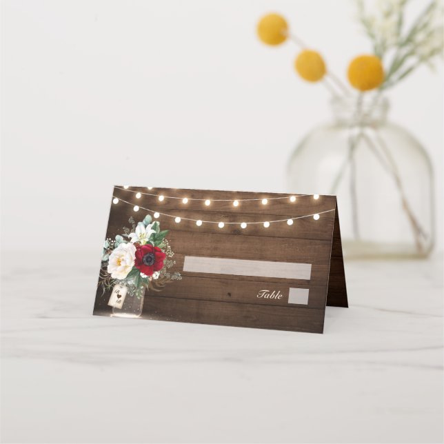 Rustic Burgundy Floral Mason Jar Wedding Place Card (Front)