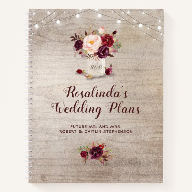 Rustic Burgundy Floral Mason Jar Wedding Plans Notebook (Front)