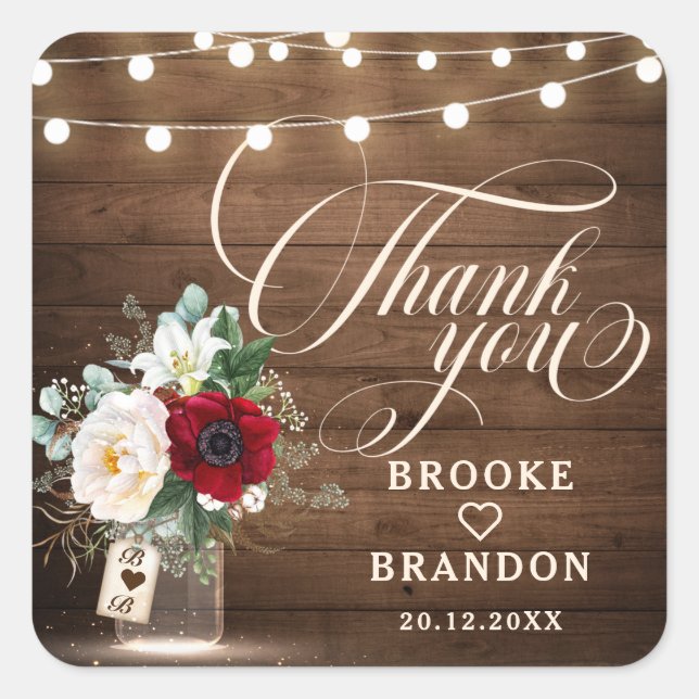 Rustic Burgundy Floral Mason Jar Wedding Thank you Square Sticker (Front)