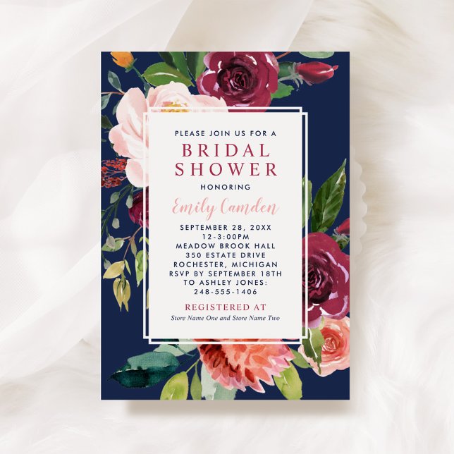 Rustic Burgundy Floral Navy Wedding Bridal Shower Invitation (Creator Uploaded)