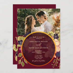 Rustic Burgundy Floral Photo Wedding Invite