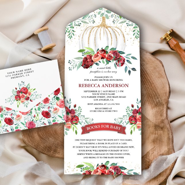 Rustic Burgundy Floral Pumpkin Baby Shower All In One Invitation (Creator Uploaded)