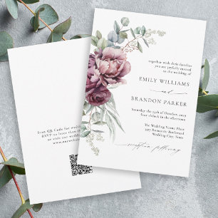 Rustic Burgundy Floral QR Code Fall Wedding Invitation