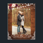 Rustic Burgundy Floral Save the Date Back Text Announcement Postcard<br><div class="desc">Rustic Wedding Wood Lace String Lights Watercolor Burgundy Marsala Floral Save the Date Postcard - Printed Back</div>