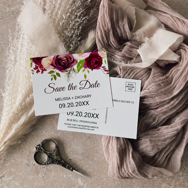 Rustic Burgundy Floral Save the Date Card (Creator Uploaded)