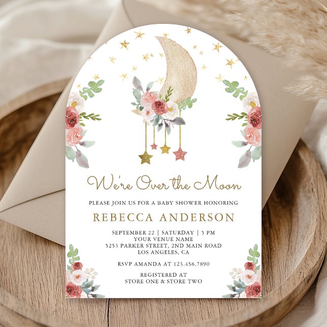 Rustic Burgundy Floral Stars Moon Arch Baby Shower Invitation (Creator Uploaded)