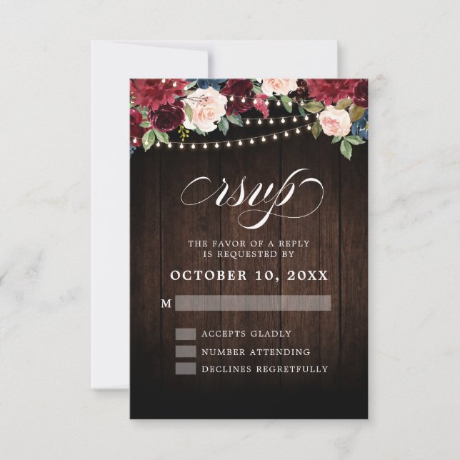 Rustic Burgundy Floral String Light Wedding RSVP Card (Front)