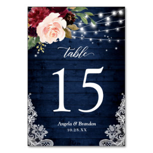 Rustic Burgundy Floral String Lights Lace Wedding Table Number