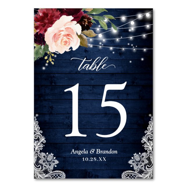 Rustic Burgundy Floral String Lights Lace Wedding Table Number (Front)