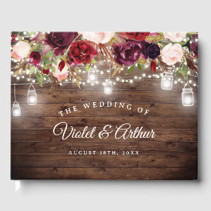 Rustic Burgundy Floral String Lights Wedding  Guest Book