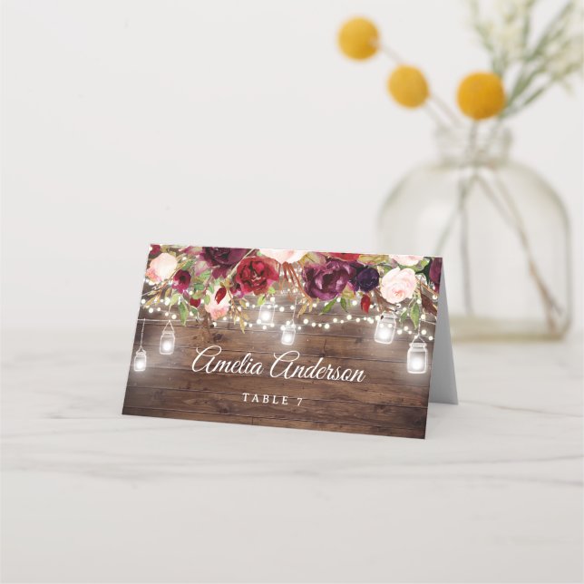 Rustic Burgundy Floral String Lights Wedding Place Card (Front)