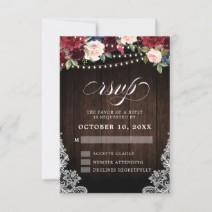 Rustic Burgundy Floral String Lights Wedding RSVP Card