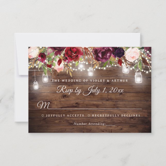 Rustic Burgundy Floral String Lights Wedding RSVP Invitation (Front)