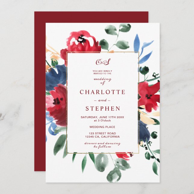 Rustic burgundy floral watercolor gold wedding invitation (Front/Back)
