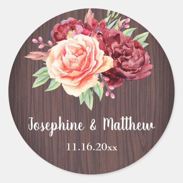 Rustic Burgundy Floral Watercolor Wedding Classic Round Sticker (Front)