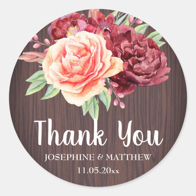 Rustic Burgundy Floral Watercolor Wedding Classic Round Sticker (Front)