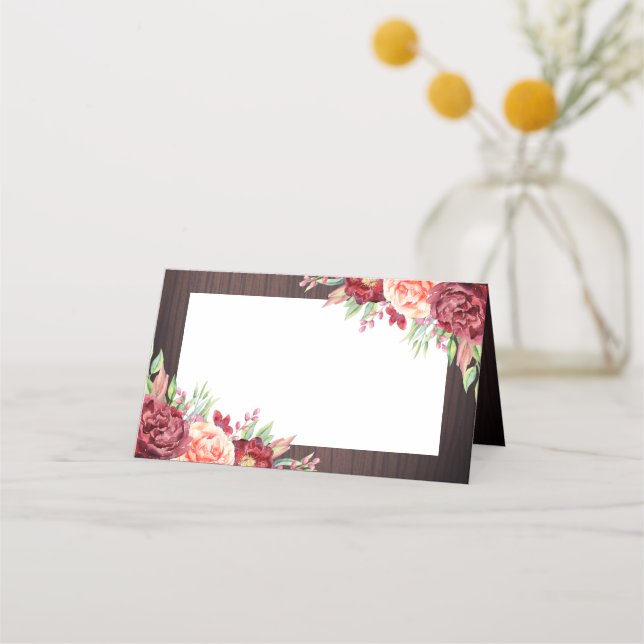Rustic Burgundy Floral Watercolor Wedding Place Card (Front)